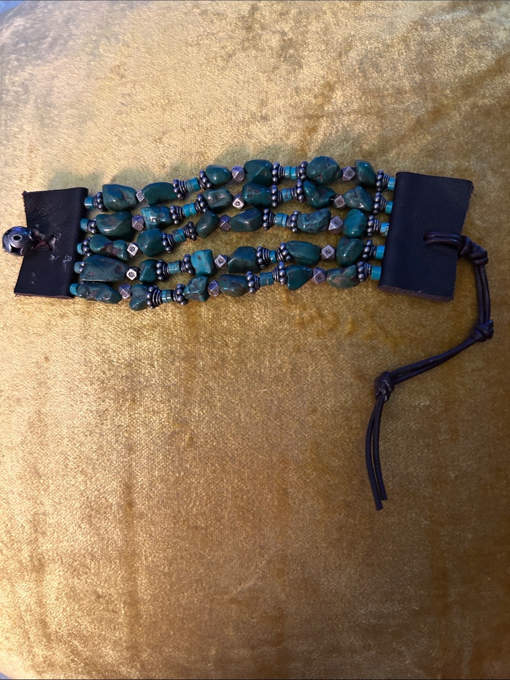 Multi-Strand  Wrap Bracelet Green and tiny Turquoise stones. Brown leather.